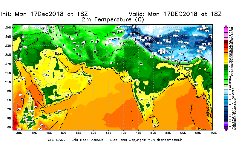 Mappa di analisi GFS - Temperatura a 2 metri dal suolo [°C] in Asia Sud-Occidentale
							del 17/12/2018 18 <!--googleoff: index-->UTC<!--googleon: index-->