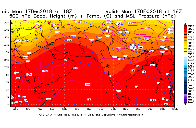 Mappa di analisi GFS - Geopotenziale [m] + Temp. [°C] a 500 hPa + Press. a livello del mare [hPa] in Asia Sud-Occidentale
							del 17/12/2018 18 <!--googleoff: index-->UTC<!--googleon: index-->