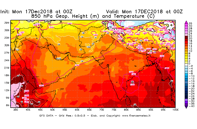 Mappa di analisi GFS - Geopotenziale [m] e Temperatura [°C] a 850 hPa in Asia Sud-Occidentale
							del 17/12/2018 00 <!--googleoff: index-->UTC<!--googleon: index-->