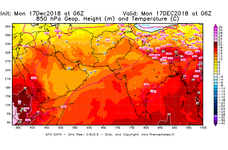 Mappa di analisi GFS - Geopotenziale [m] e Temperatura [°C] a 850 hPa in Asia Sud-Occidentale
							del 17/12/2018 06 <!--googleoff: index-->UTC<!--googleon: index-->