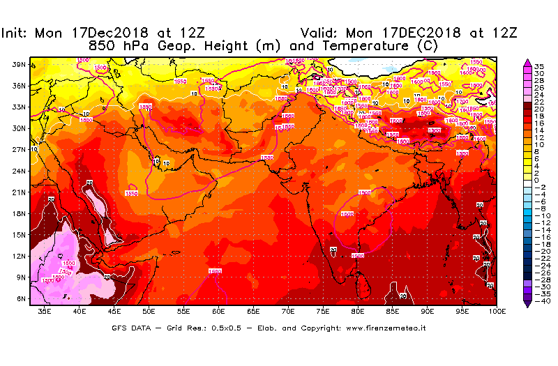 Mappa di analisi GFS - Geopotenziale [m] e Temperatura [°C] a 850 hPa in Asia Sud-Occidentale
							del 17/12/2018 12 <!--googleoff: index-->UTC<!--googleon: index-->