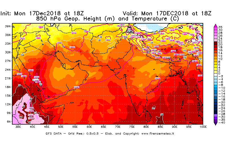 Mappa di analisi GFS - Geopotenziale [m] e Temperatura [°C] a 850 hPa in Asia Sud-Occidentale
							del 17/12/2018 18 <!--googleoff: index-->UTC<!--googleon: index-->