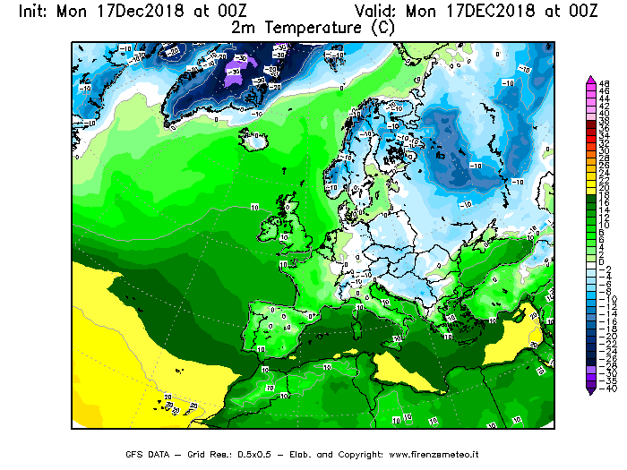 Mappa di analisi GFS - Temperatura a 2 metri dal suolo [°C] in Europa
							del 17/12/2018 00 <!--googleoff: index-->UTC<!--googleon: index-->