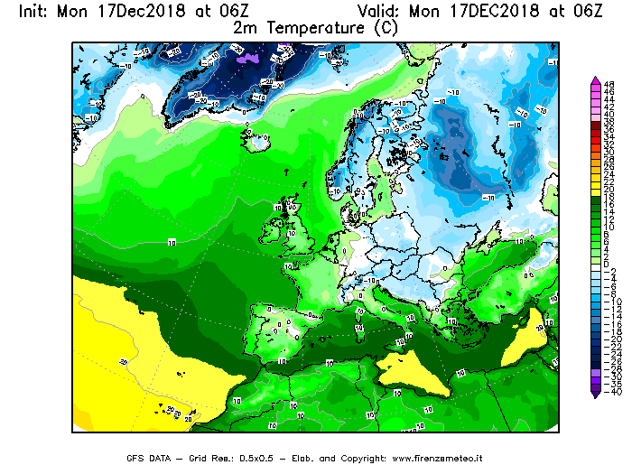 Mappa di analisi GFS - Temperatura a 2 metri dal suolo [°C] in Europa
							del 17/12/2018 06 <!--googleoff: index-->UTC<!--googleon: index-->