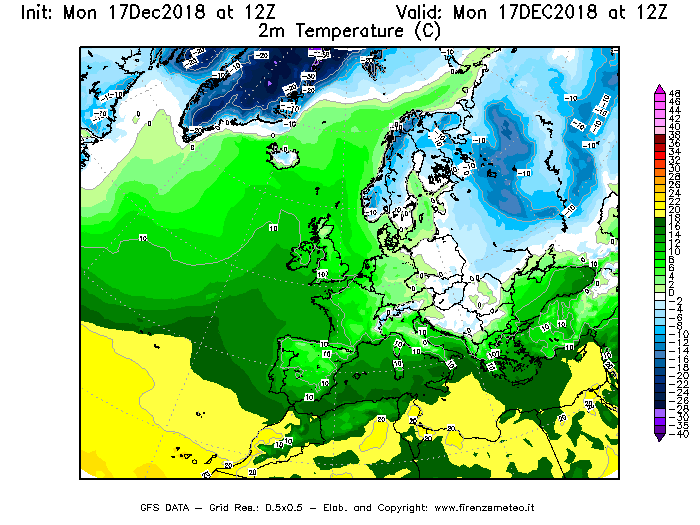 Mappa di analisi GFS - Temperatura a 2 metri dal suolo [°C] in Europa
							del 17/12/2018 12 <!--googleoff: index-->UTC<!--googleon: index-->