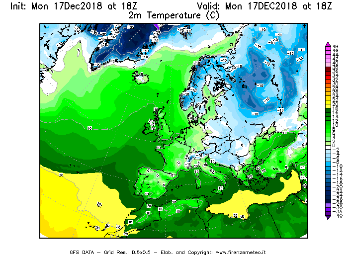 Mappa di analisi GFS - Temperatura a 2 metri dal suolo [°C] in Europa
							del 17/12/2018 18 <!--googleoff: index-->UTC<!--googleon: index-->
