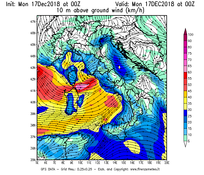 Mappa di analisi GFS - Velocità del vento a 10 metri dal suolo [km/h] in Italia
							del 17/12/2018 00 <!--googleoff: index-->UTC<!--googleon: index-->