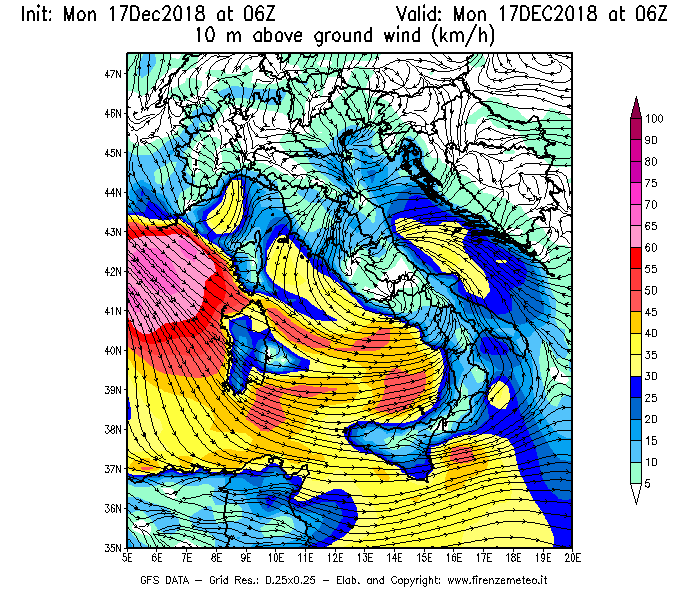 Mappa di analisi GFS - Velocità del vento a 10 metri dal suolo [km/h] in Italia
							del 17/12/2018 06 <!--googleoff: index-->UTC<!--googleon: index-->