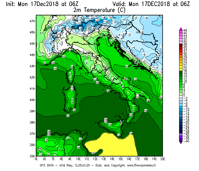 Mappa di analisi GFS - Temperatura a 2 metri dal suolo [°C] in Italia
							del 17/12/2018 06 <!--googleoff: index-->UTC<!--googleon: index-->