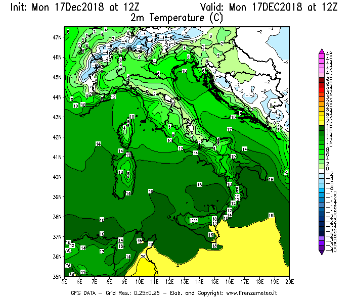 Mappa di analisi GFS - Temperatura a 2 metri dal suolo [°C] in Italia
							del 17/12/2018 12 <!--googleoff: index-->UTC<!--googleon: index-->