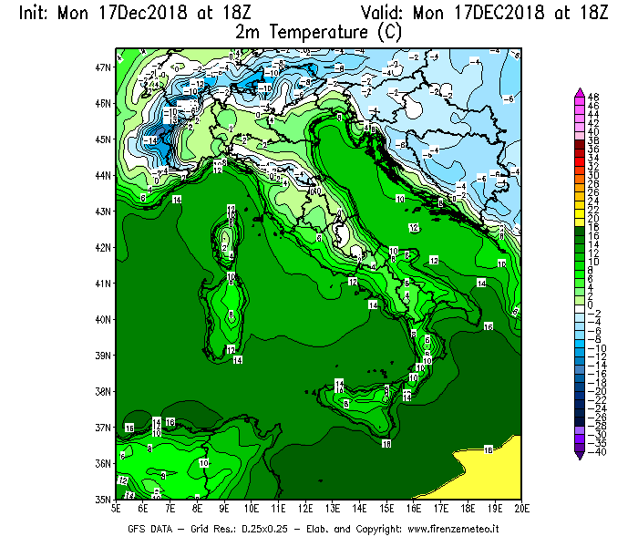 Mappa di analisi GFS - Temperatura a 2 metri dal suolo [°C] in Italia
							del 17/12/2018 18 <!--googleoff: index-->UTC<!--googleon: index-->