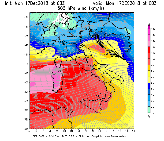 Mappa di analisi GFS - Velocità del vento a 500 hPa [km/h] in Italia
							del 17/12/2018 00 <!--googleoff: index-->UTC<!--googleon: index-->