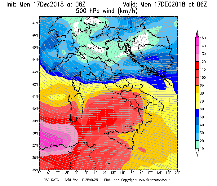 Mappa di analisi GFS - Velocità del vento a 500 hPa [km/h] in Italia
							del 17/12/2018 06 <!--googleoff: index-->UTC<!--googleon: index-->