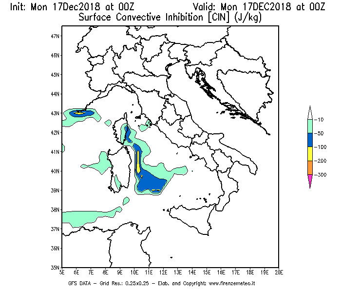 Mappa di analisi GFS - CIN [J/kg] in Italia
							del 17/12/2018 00 <!--googleoff: index-->UTC<!--googleon: index-->