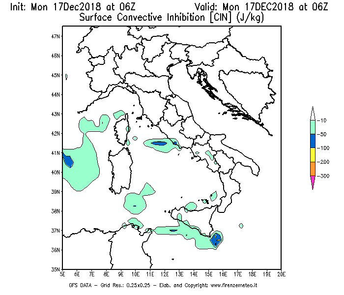 Mappa di analisi GFS - CIN [J/kg] in Italia
							del 17/12/2018 06 <!--googleoff: index-->UTC<!--googleon: index-->