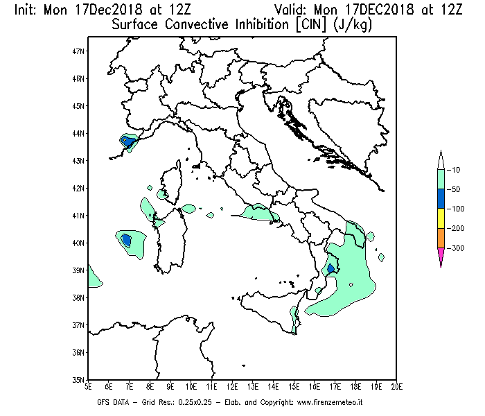 Mappa di analisi GFS - CIN [J/kg] in Italia
							del 17/12/2018 12 <!--googleoff: index-->UTC<!--googleon: index-->