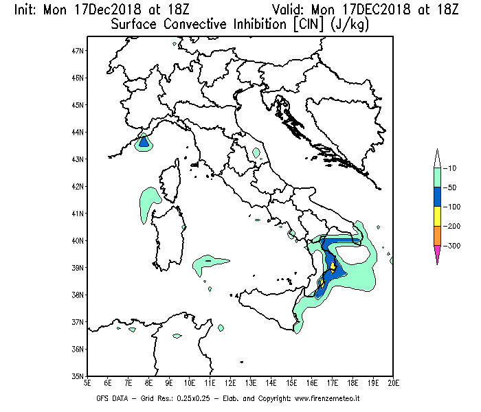 Mappa di analisi GFS - CIN [J/kg] in Italia
							del 17/12/2018 18 <!--googleoff: index-->UTC<!--googleon: index-->