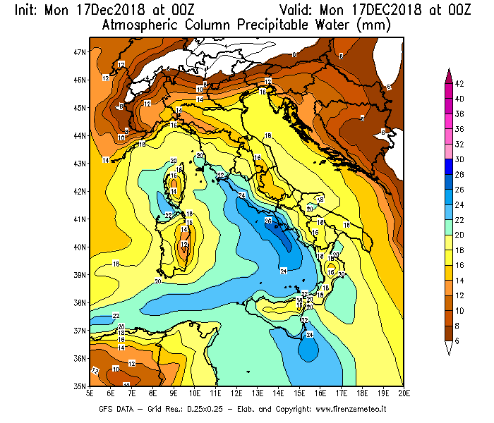 Mappa di analisi GFS - Precipitable Water [mm] in Italia
							del 17/12/2018 00 <!--googleoff: index-->UTC<!--googleon: index-->