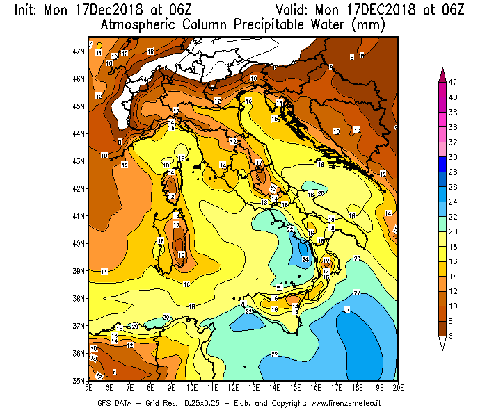 Mappa di analisi GFS - Precipitable Water [mm] in Italia
							del 17/12/2018 06 <!--googleoff: index-->UTC<!--googleon: index-->