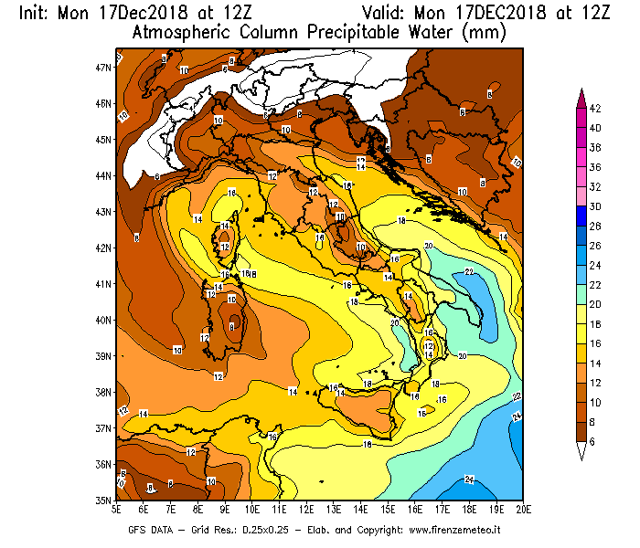 Mappa di analisi GFS - Precipitable Water [mm] in Italia
							del 17/12/2018 12 <!--googleoff: index-->UTC<!--googleon: index-->