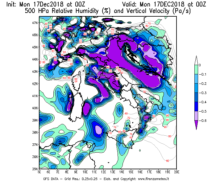 Mappa di analisi GFS - Umidità relativa [%] e Omega [Pa/s] a 500 hPa in Italia
							del 17/12/2018 00 <!--googleoff: index-->UTC<!--googleon: index-->