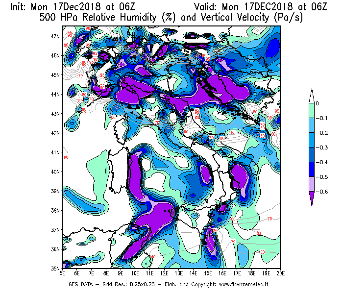 Mappa di analisi GFS - Umidità relativa [%] e Omega [Pa/s] a 500 hPa in Italia
							del 17/12/2018 06 <!--googleoff: index-->UTC<!--googleon: index-->