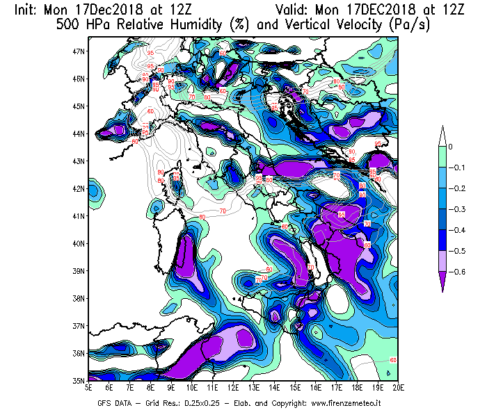 Mappa di analisi GFS - Umidità relativa [%] e Omega [Pa/s] a 500 hPa in Italia
							del 17/12/2018 12 <!--googleoff: index-->UTC<!--googleon: index-->