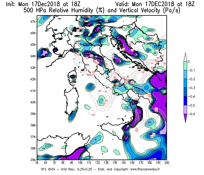 Mappa di analisi GFS - Umidità relativa [%] e Omega [Pa/s] a 500 hPa in Italia
							del 17/12/2018 18 <!--googleoff: index-->UTC<!--googleon: index-->