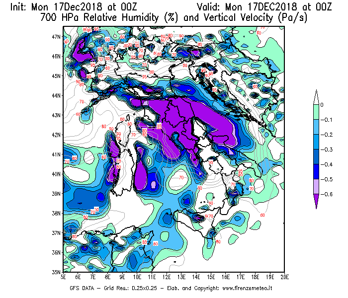 Mappa di analisi GFS - Umidità relativa [%] e Omega [Pa/s] a 700 hPa in Italia
							del 17/12/2018 00 <!--googleoff: index-->UTC<!--googleon: index-->