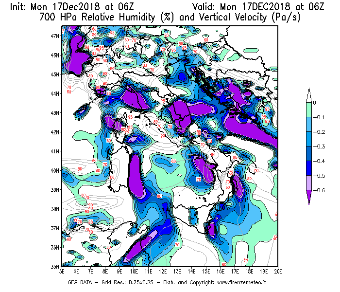 Mappa di analisi GFS - Umidità relativa [%] e Omega [Pa/s] a 700 hPa in Italia
							del 17/12/2018 06 <!--googleoff: index-->UTC<!--googleon: index-->
