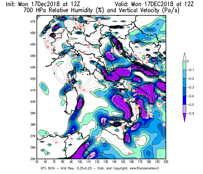 Mappa di analisi GFS - Umidità relativa [%] e Omega [Pa/s] a 700 hPa in Italia
							del 17/12/2018 12 <!--googleoff: index-->UTC<!--googleon: index-->