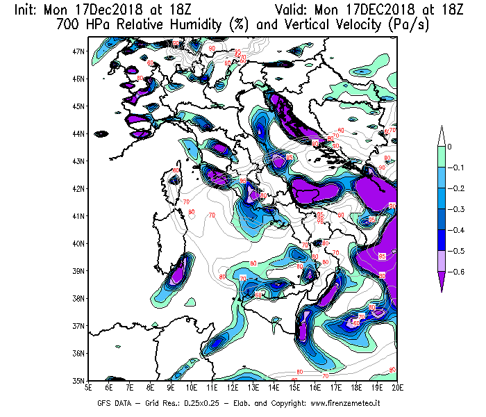 Mappa di analisi GFS - Umidità relativa [%] e Omega [Pa/s] a 700 hPa in Italia
							del 17/12/2018 18 <!--googleoff: index-->UTC<!--googleon: index-->
