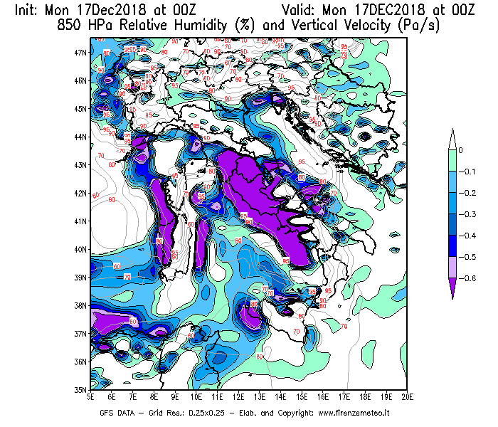Mappa di analisi GFS - Umidità relativa [%] e Omega [Pa/s] a 850 hPa in Italia
							del 17/12/2018 00 <!--googleoff: index-->UTC<!--googleon: index-->