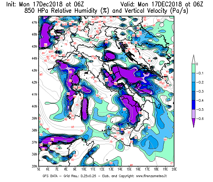 Mappa di analisi GFS - Umidità relativa [%] e Omega [Pa/s] a 850 hPa in Italia
							del 17/12/2018 06 <!--googleoff: index-->UTC<!--googleon: index-->