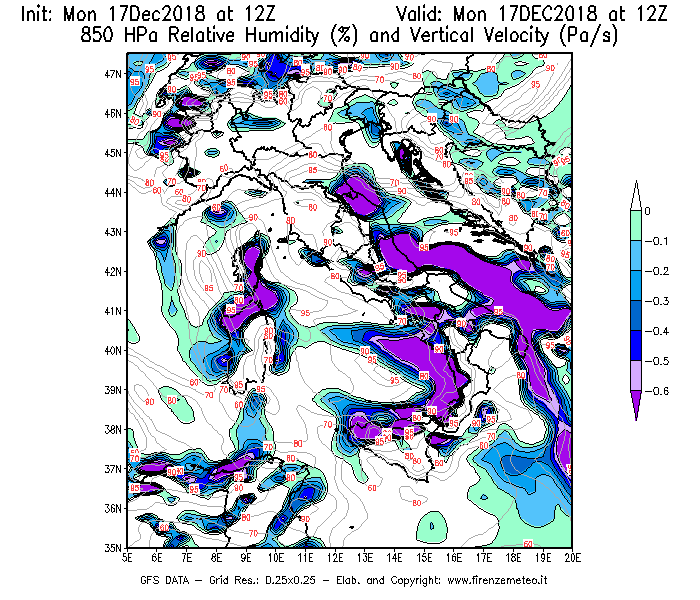 Mappa di analisi GFS - Umidità relativa [%] e Omega [Pa/s] a 850 hPa in Italia
							del 17/12/2018 12 <!--googleoff: index-->UTC<!--googleon: index-->