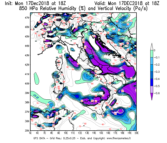 Mappa di analisi GFS - Umidità relativa [%] e Omega [Pa/s] a 850 hPa in Italia
							del 17/12/2018 18 <!--googleoff: index-->UTC<!--googleon: index-->