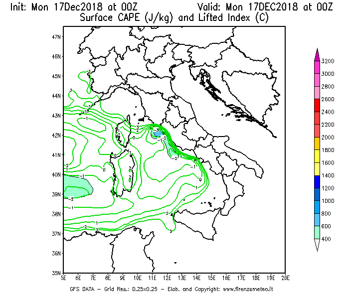 Mappa di analisi GFS - CAPE [J/kg] e Lifted Index [°C] in Italia
							del 17/12/2018 00 <!--googleoff: index-->UTC<!--googleon: index-->