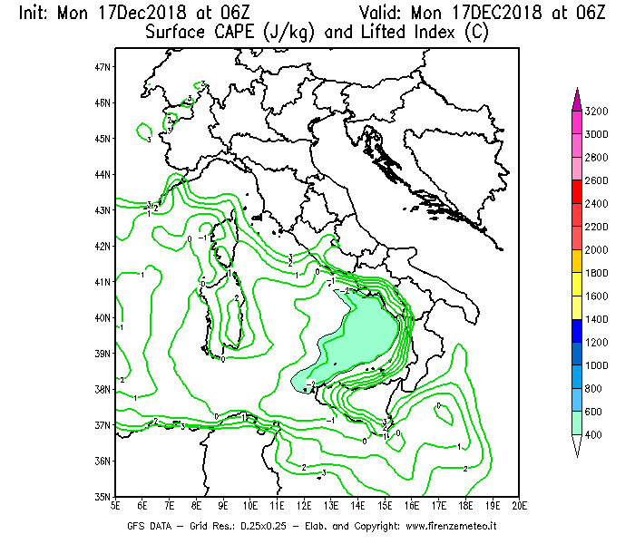 Mappa di analisi GFS - CAPE [J/kg] e Lifted Index [°C] in Italia
							del 17/12/2018 06 <!--googleoff: index-->UTC<!--googleon: index-->