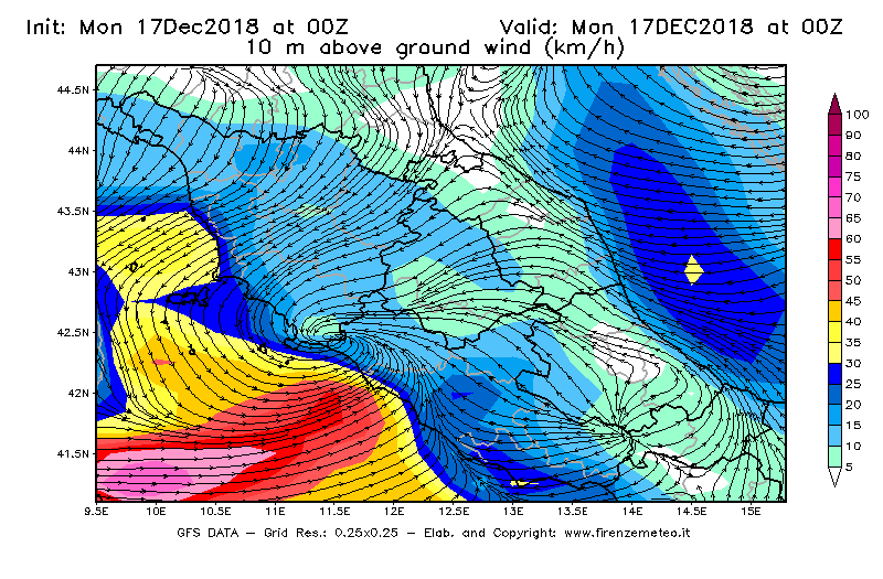 Mappa di analisi GFS - Velocità del vento a 10 metri dal suolo [km/h] in Centro-Italia
							del 17/12/2018 00 <!--googleoff: index-->UTC<!--googleon: index-->