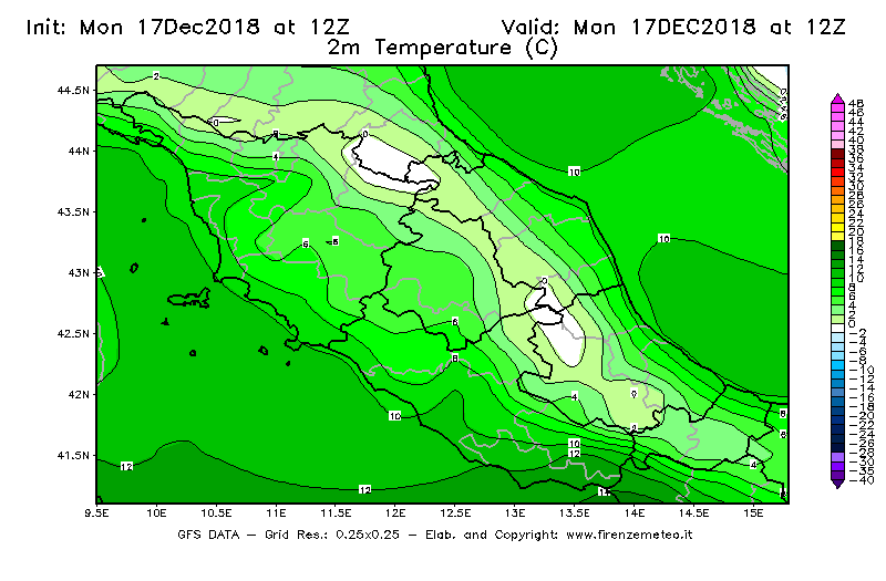 Mappa di analisi GFS - Temperatura a 2 metri dal suolo [°C] in Centro-Italia
							del 17/12/2018 12 <!--googleoff: index-->UTC<!--googleon: index-->