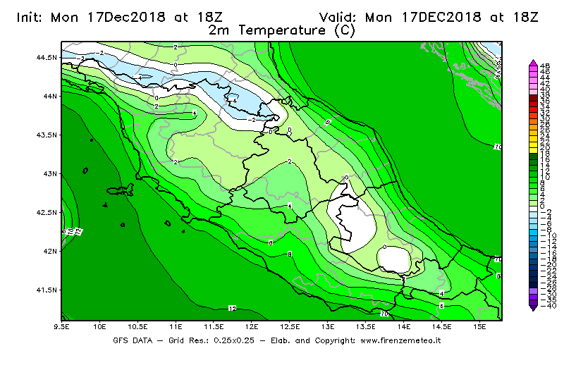 Mappa di analisi GFS - Temperatura a 2 metri dal suolo [°C] in Centro-Italia
							del 17/12/2018 18 <!--googleoff: index-->UTC<!--googleon: index-->