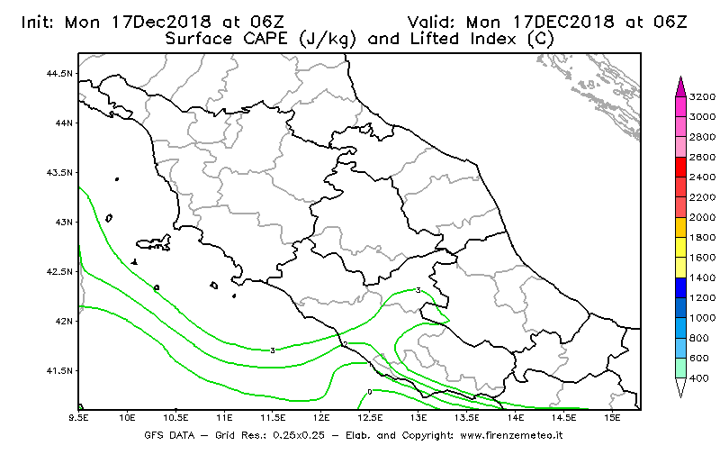 Mappa di analisi GFS - CAPE [J/kg] e Lifted Index [°C] in Centro-Italia
							del 17/12/2018 06 <!--googleoff: index-->UTC<!--googleon: index-->