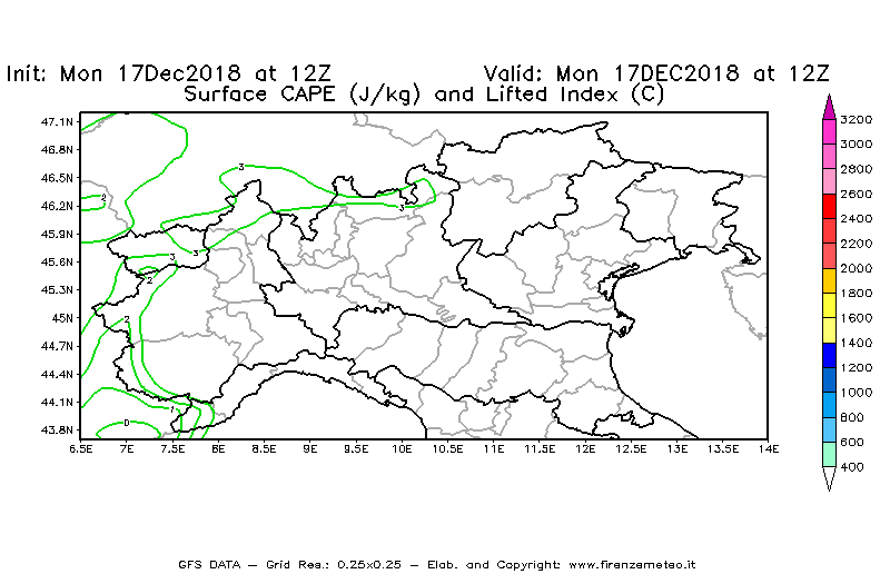 Mappa di analisi GFS - CAPE [J/kg] e Lifted Index [°C] in Nord-Italia
							del 17/12/2018 12 <!--googleoff: index-->UTC<!--googleon: index-->