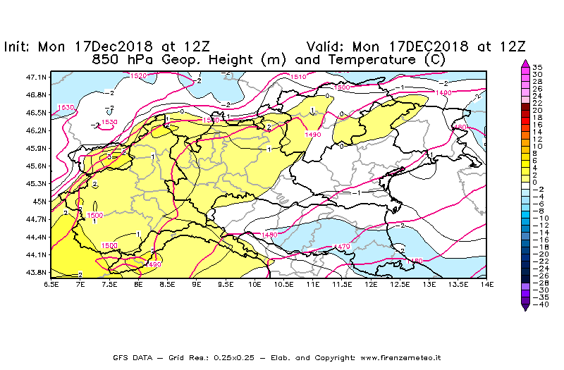 Mappa di analisi GFS - Geopotenziale [m] e Temperatura [°C] a 850 hPa in Nord-Italia
							del 17/12/2018 12 <!--googleoff: index-->UTC<!--googleon: index-->