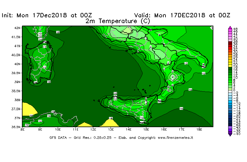 Mappa di analisi GFS - Temperatura a 2 metri dal suolo [°C] in Sud-Italia
							del 17/12/2018 00 <!--googleoff: index-->UTC<!--googleon: index-->