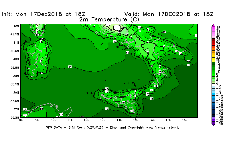 Mappa di analisi GFS - Temperatura a 2 metri dal suolo [°C] in Sud-Italia
							del 17/12/2018 18 <!--googleoff: index-->UTC<!--googleon: index-->