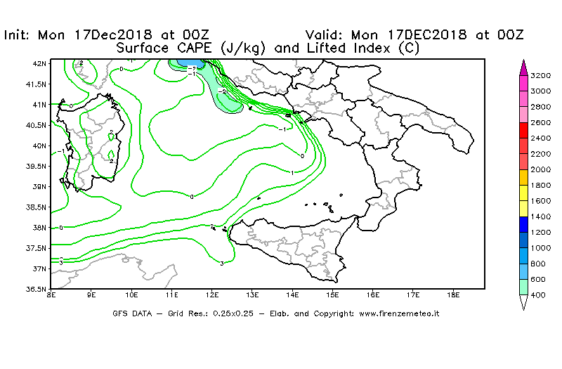 Mappa di analisi GFS - CAPE [J/kg] e Lifted Index [°C] in Sud-Italia
							del 17/12/2018 00 <!--googleoff: index-->UTC<!--googleon: index-->