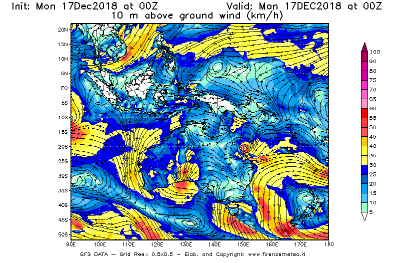 Mappa di analisi GFS - Velocità del vento a 10 metri dal suolo [km/h] in Oceania
							del 17/12/2018 00 <!--googleoff: index-->UTC<!--googleon: index-->