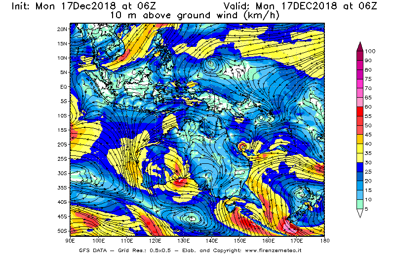 Mappa di analisi GFS - Velocità del vento a 10 metri dal suolo [km/h] in Oceania
							del 17/12/2018 06 <!--googleoff: index-->UTC<!--googleon: index-->