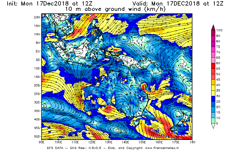 Mappa di analisi GFS - Velocità del vento a 10 metri dal suolo [km/h] in Oceania
							del 17/12/2018 12 <!--googleoff: index-->UTC<!--googleon: index-->